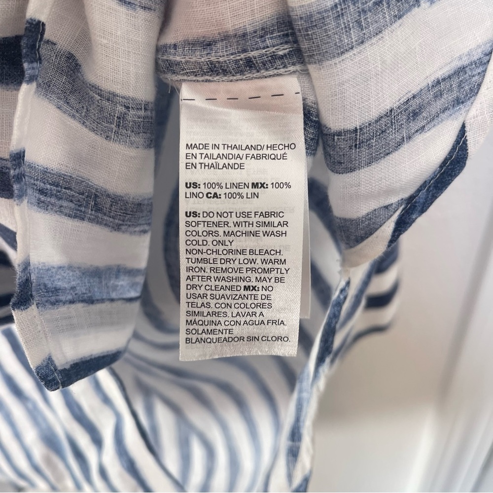 Chicos Linen Shirt sz 3 US 16 White Navy Striped No Iron Button Up Coastal Chic - Picture 6 of 7